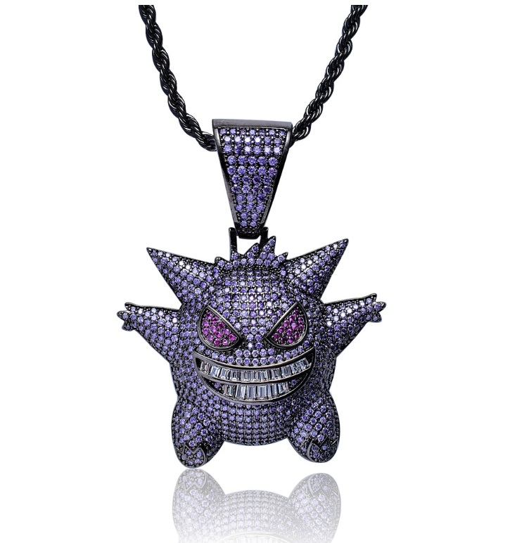 Custom purple iced out Gastly character pendant in black gold, adorned with sparkling cubic zirconia stones, by JR Fashion Accessories.