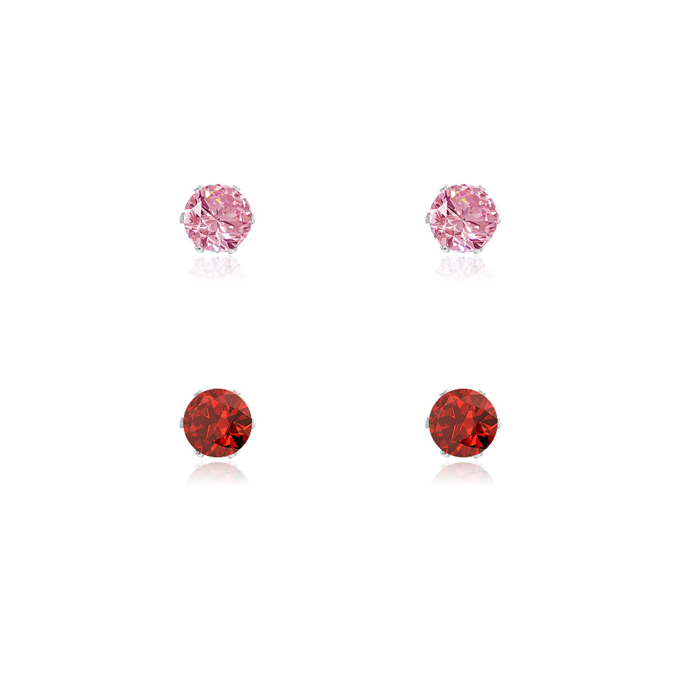 A set of four 3mm cubic zirconia stud earrings in vibrant pink and red, featuring brilliant-cut stones in gold-plated brass settings, offered by JR Fashion Accessories.