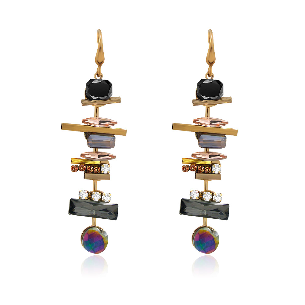 A pair of Vintage Bride Earrings (JRE-071) with a gold-plated, multi-layered abstract design, adorned with various colorful gemstones.