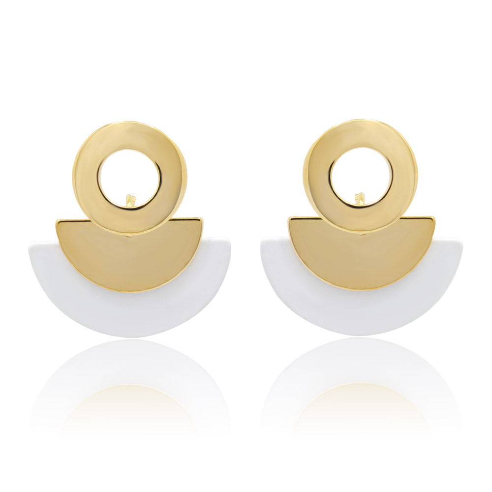 A pair of Geometric White Gold Fan Earrings, showcasing their minimalist design with gold-plated brass and a clean white epoxy finish.