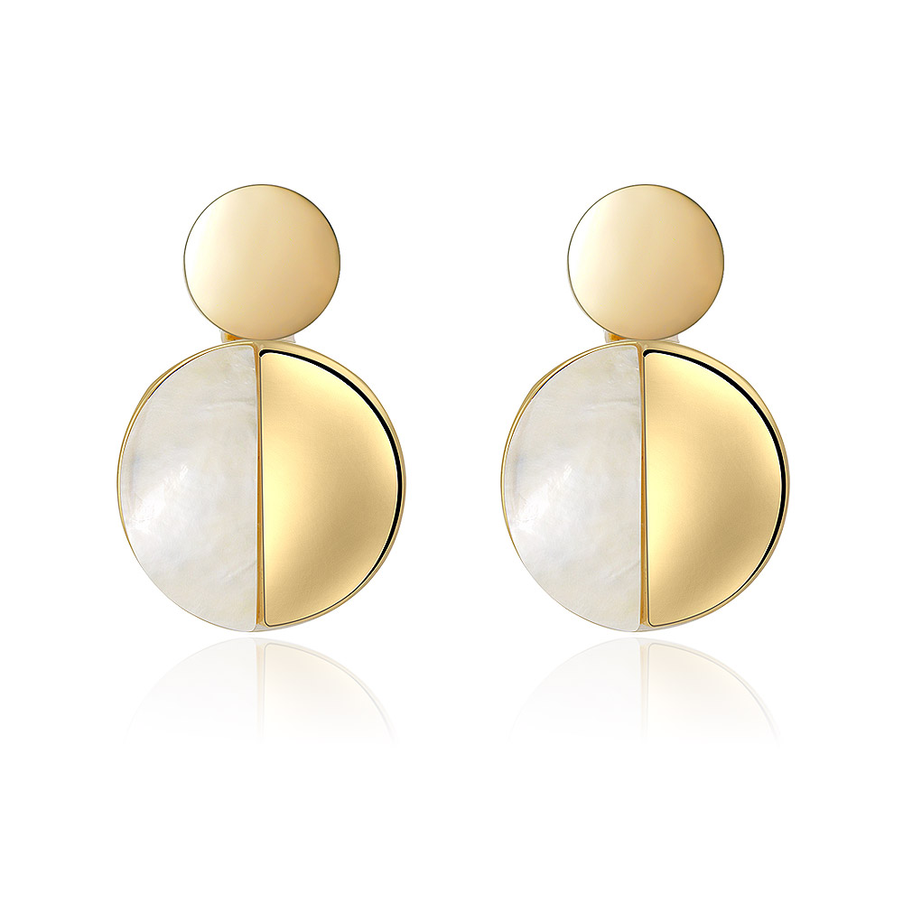 A pair of Mini Half Disc Stud Earrings, featuring a modern minimalist design with a gold-plated brass base and a white mother-of-pearl accent.