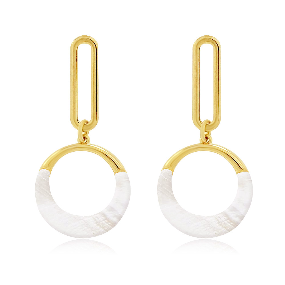 Summer Hollow Round Shell Earrings featuring a distinctive half-gold and half-white circular pendant, crafted from gold-plated brass with a natural white shell inlay.