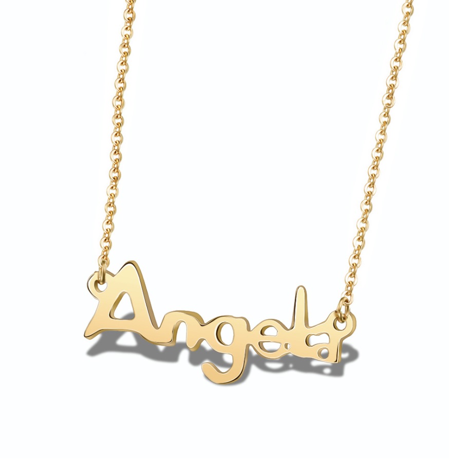 Customizable name necklace JRN-041 in gold-plated stainless steel, shown with an 'Angel' pendant, by JR Fashion Accessories.