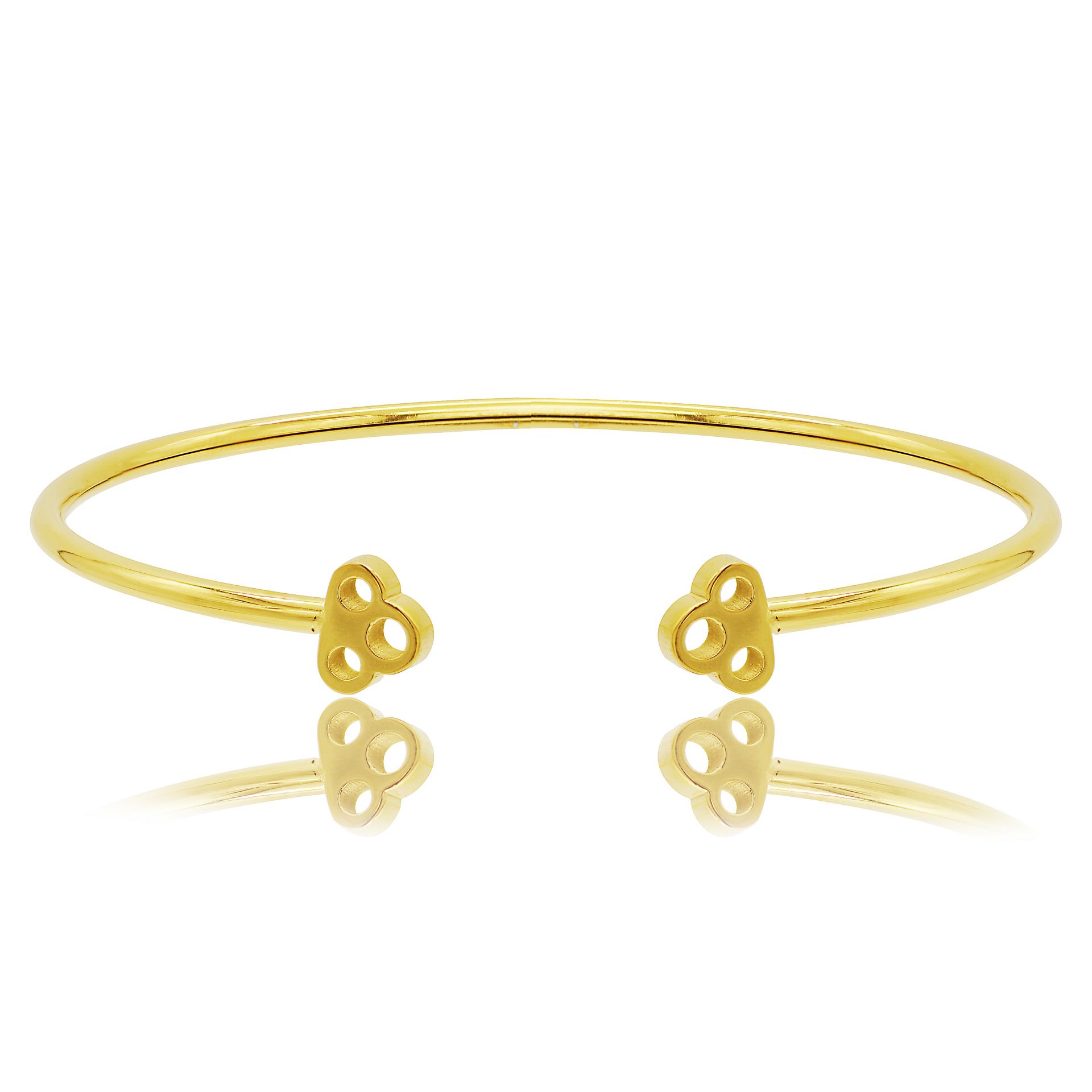 A close-up of the Dog Paw Open Polished Bangle in gold-plated brass, showcasing its shiny finish and unique design details. A perfect accessory for wholesale jewelry collections.