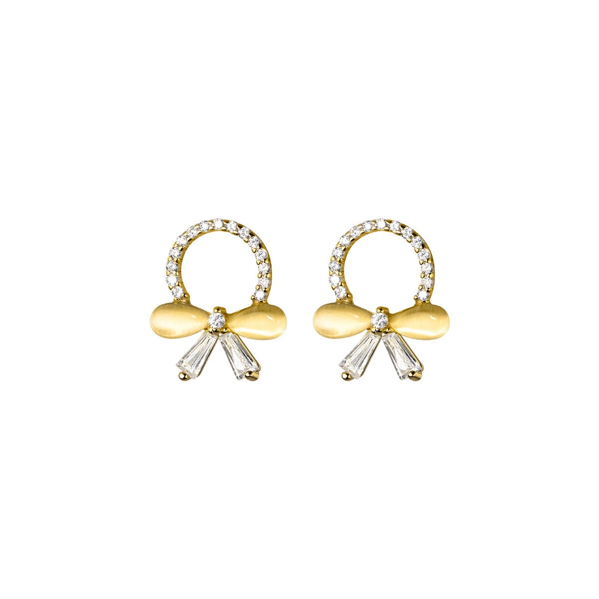A pair of wholesale 925 sterling silver bow stud earrings, gold-plated and adorned with sparkling clear cubic zirconia stones.