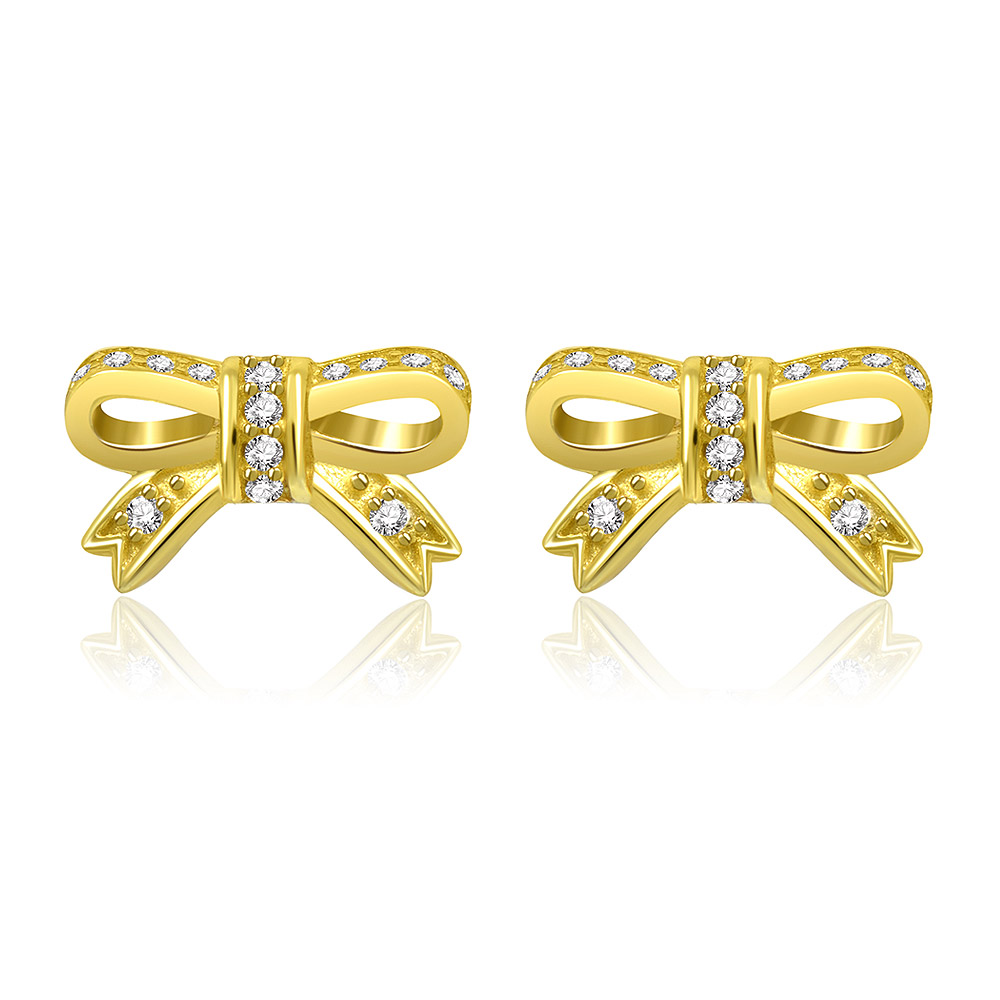 A pair of Gold Bow Cut Out Stud Earrings, crafted from gold-plated sterling silver and adorned with sparkling cubic zirconia diamonds.