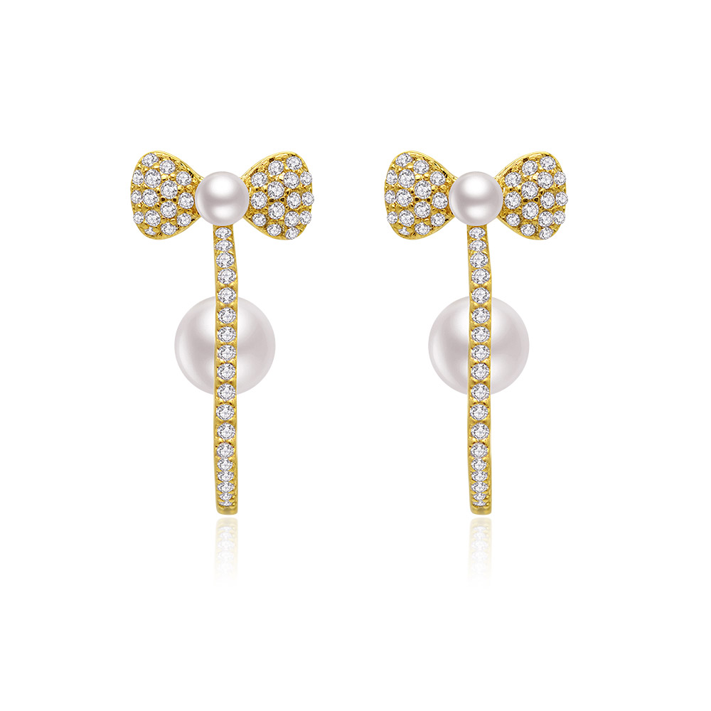 A pair of Hook Double Pearl Earrings in gold plating, featuring a delicate design with white cubic zirconia and lustrous pearls.