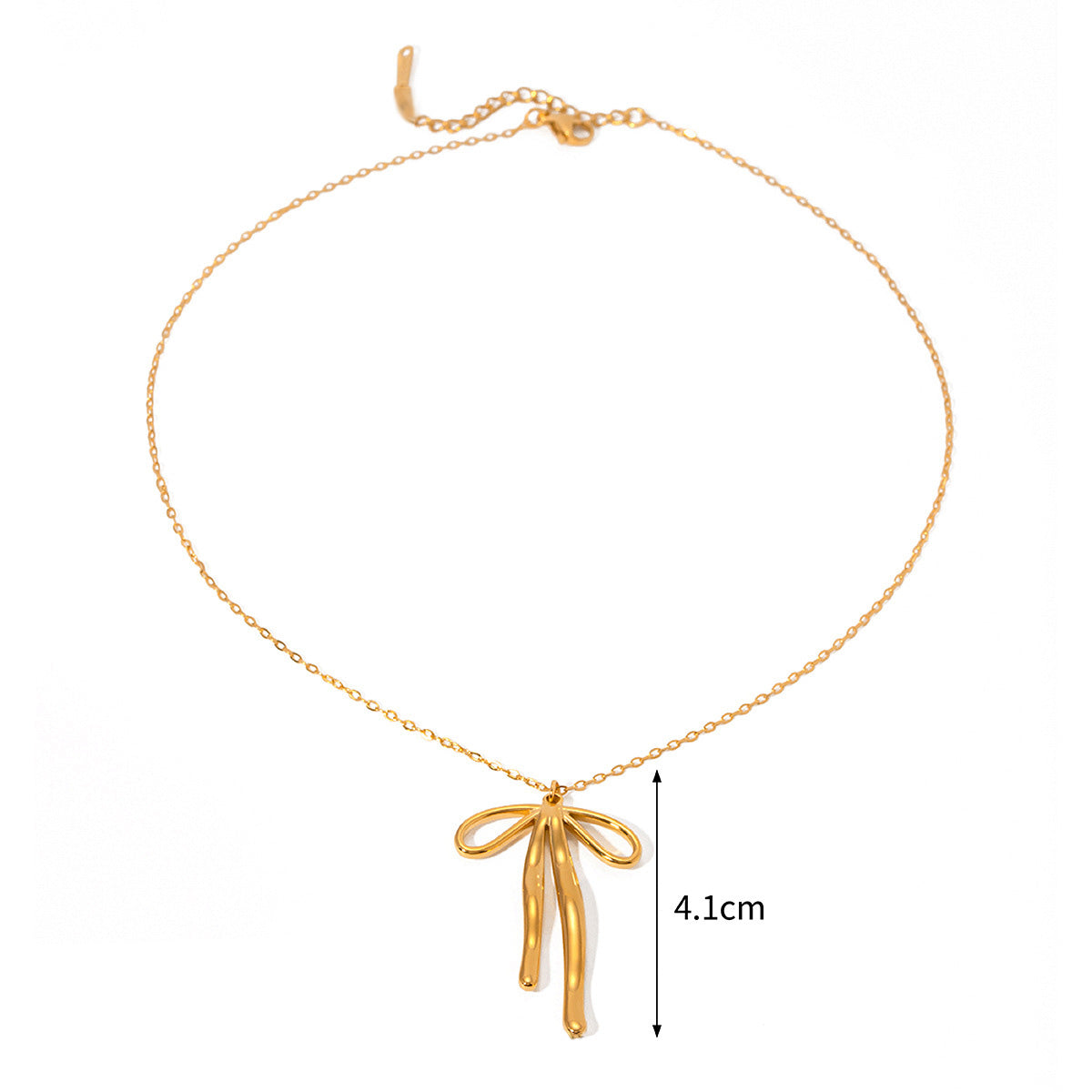 Detailed product shot of a gold-plated stainless steel necklace featuring an elegant knot bow pendant.