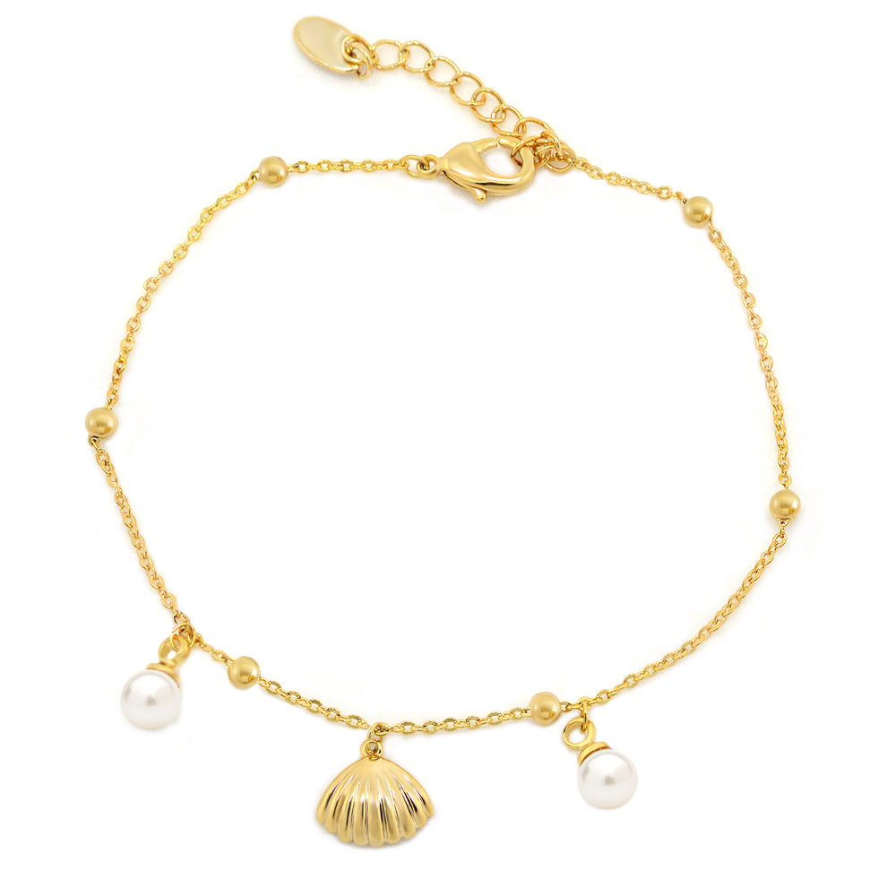 A close-up of the gold-plated beach scallop shell bracelet, showcasing the detailed shell charm and elegant white faux pearls on a white background.
