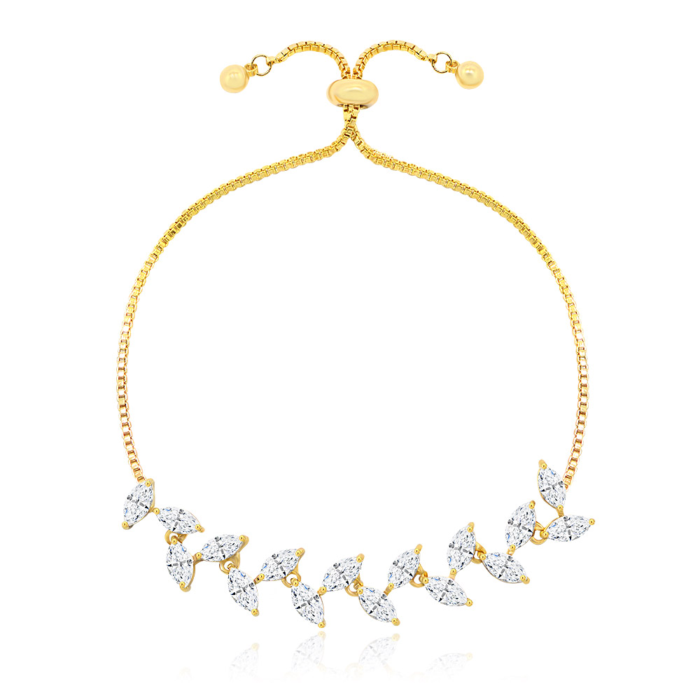 Elegant gold-plated leafy bracelet featuring 16 marquise-cut white cubic zirconia stones on a white background.