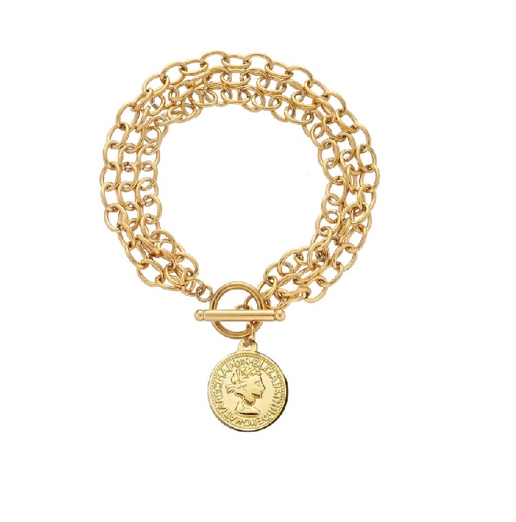 A stylish gold-plated stainless steel coin with chain bracelet, model JRH-029, featuring a toggle clasp.