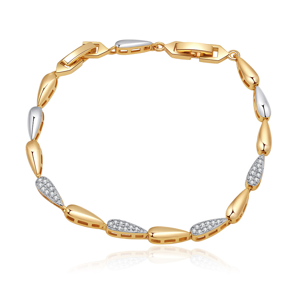 A stunning Two-Colored Tear Drop Shaped Bracelet with gold and rhodium plating, featuring diamond-encrusted cubic zirconia links.