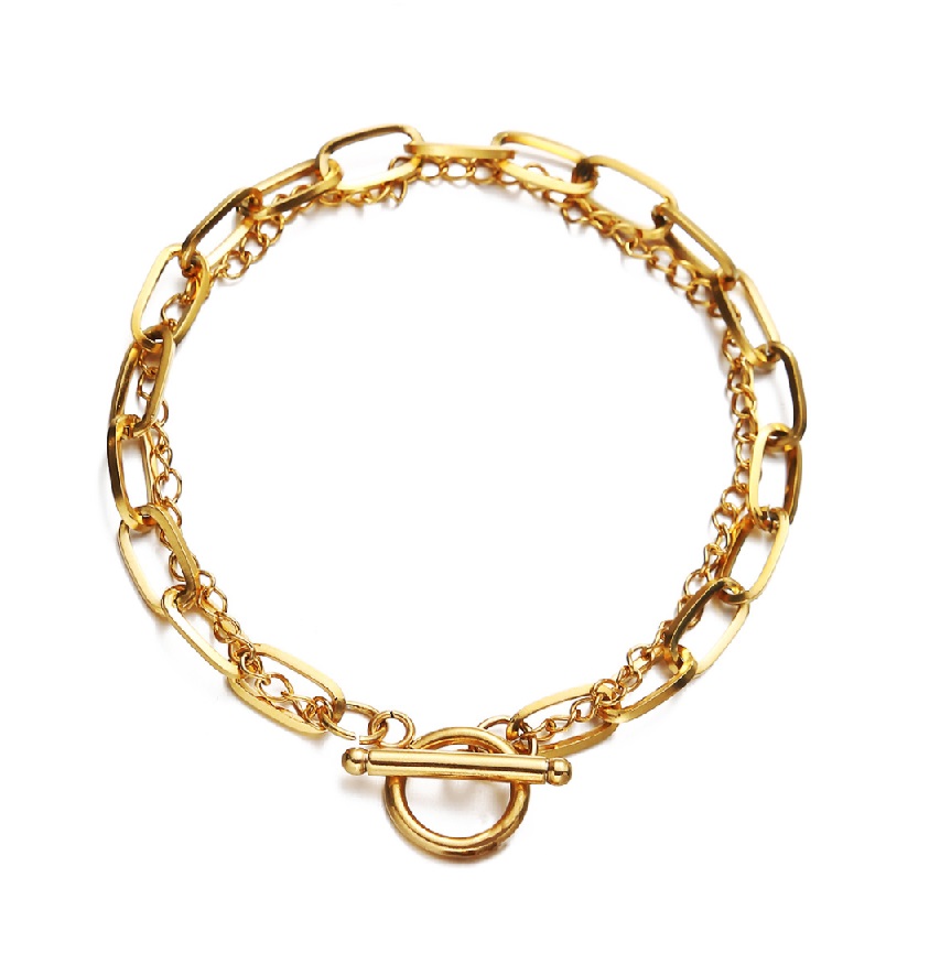 Stylish Double Chain Toggle Bracelet in gold-plated stainless steel, featuring interlocking oval links and a secure toggle clasp.
