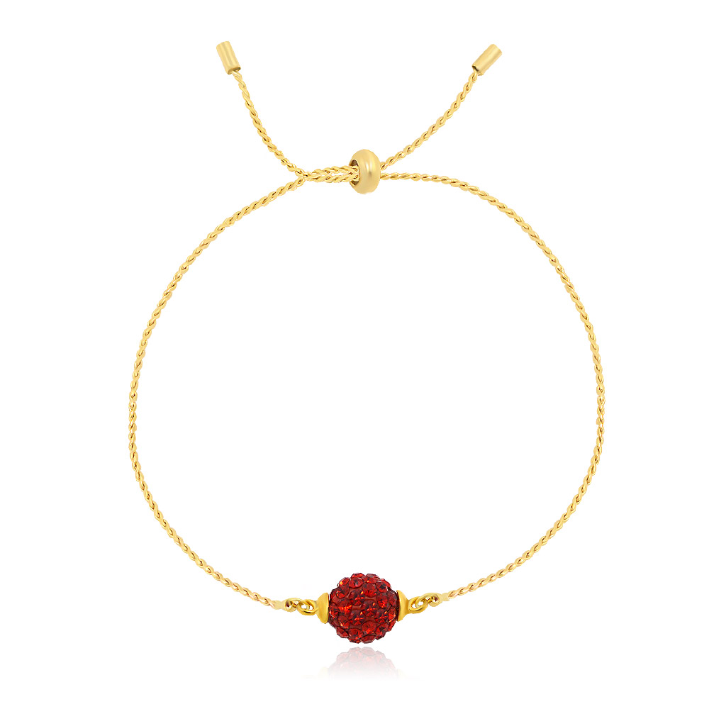 A detailed view of the Wholesale Adjustable Shamballa Round Red Ball Bracelet, highlighting its intricate gold-plated chain, sparkling red crystal ball, and secure adjustable sliding knot.