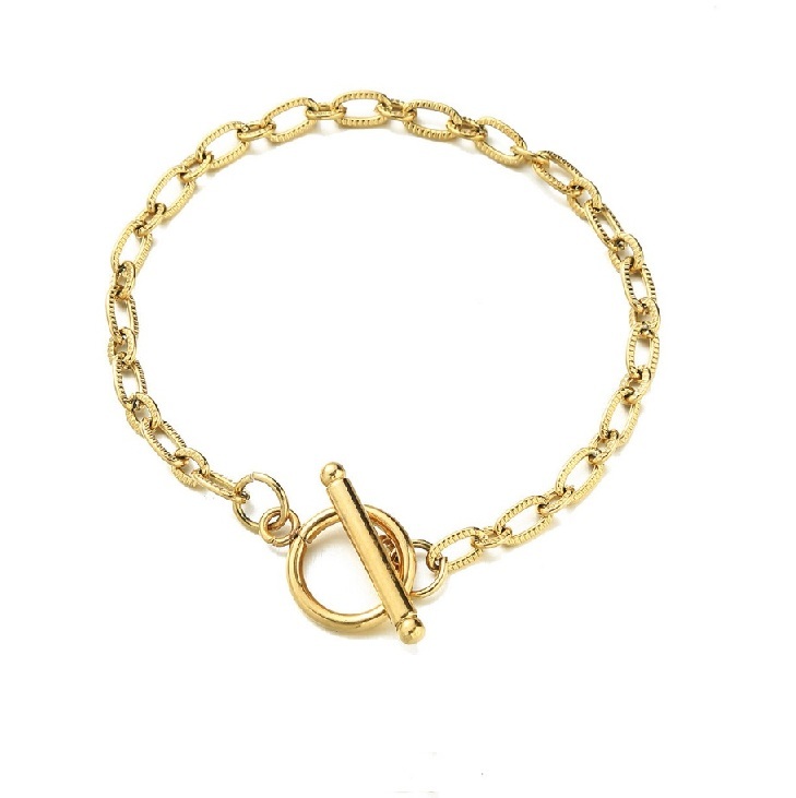 Close-up of the gold-plated stainless steel toggle bracelet JRH-028, showcasing its polished finish and classic toggle clasp.
