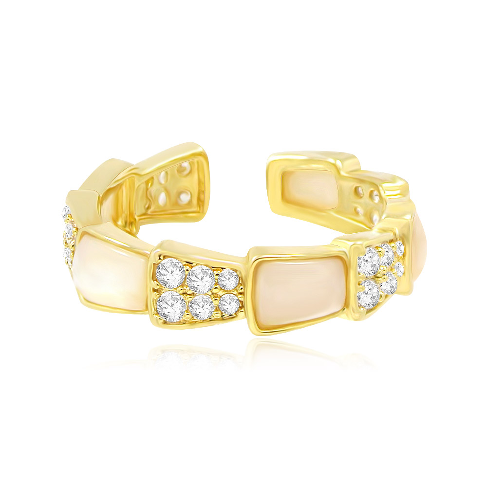 A detailed product view of the Natural White Shell Snake Ring, highlighting its intricate gold-plated brass design, lustrous white shell pearl, and sparkling cubic zirconia stones.