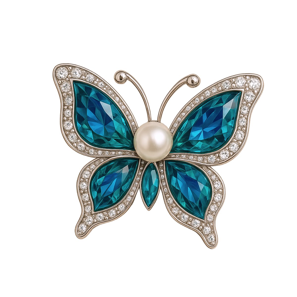 A detailed view of a gold butterfly brooch with a pearl center and blue-green gemstones, representing the custom wholesale jewelry offered by JR Fashion Accessories.
