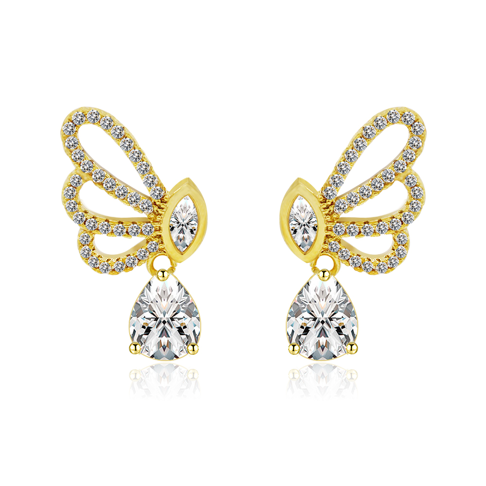 A close-up of the Tear Drop CZ Butterfly Dangle Studs, showcasing the intricate gold-plated butterfly design with marquise and pear-shaped white cubic zirconia stones.