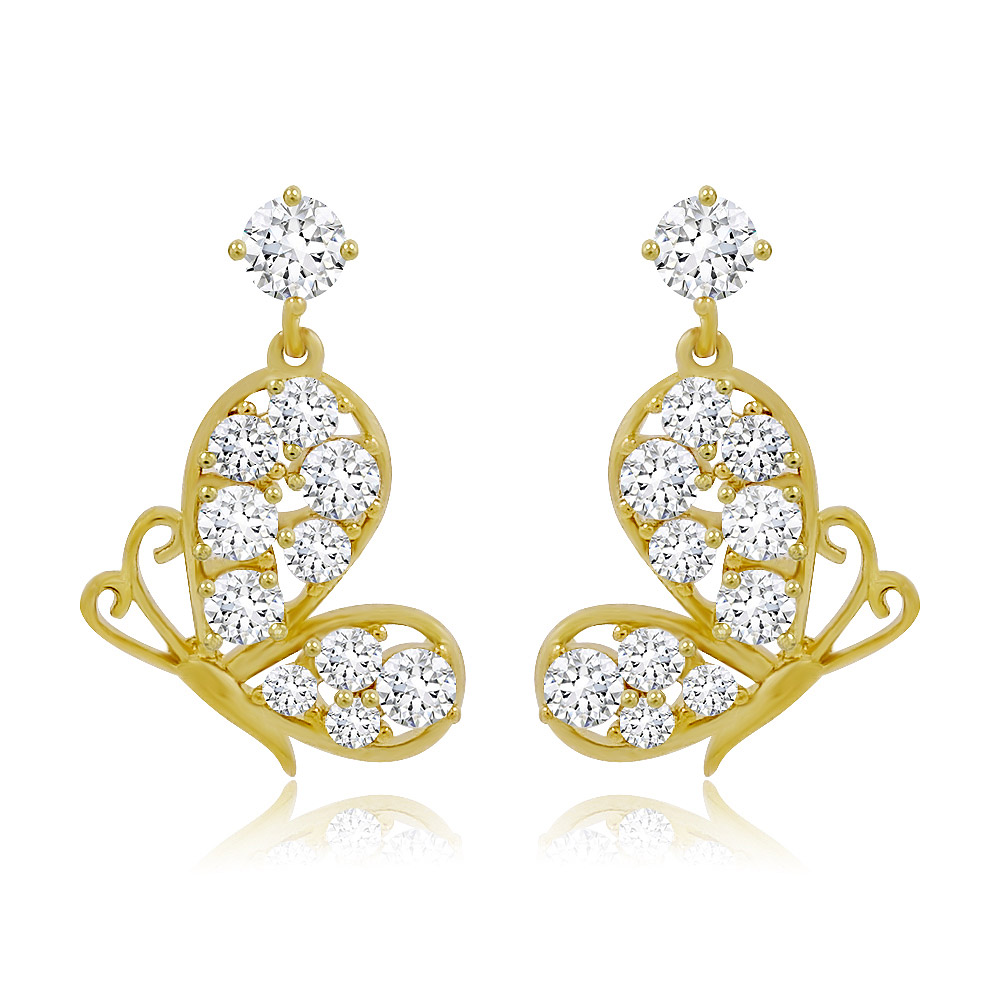 A close-up of the Cubic Butterfly Dangle Earrings, showcasing the intricate gold-plated butterfly design adorned with sparkling white cubic zirconia stones.