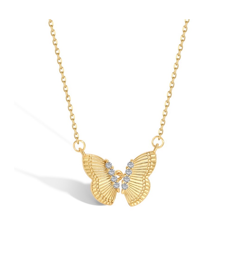 A close-up of the 925 Sterling Silver Butterfly Necklace, showcasing the detailed gold-plated butterfly pendant set with brilliant cubic zirconia gemstones.