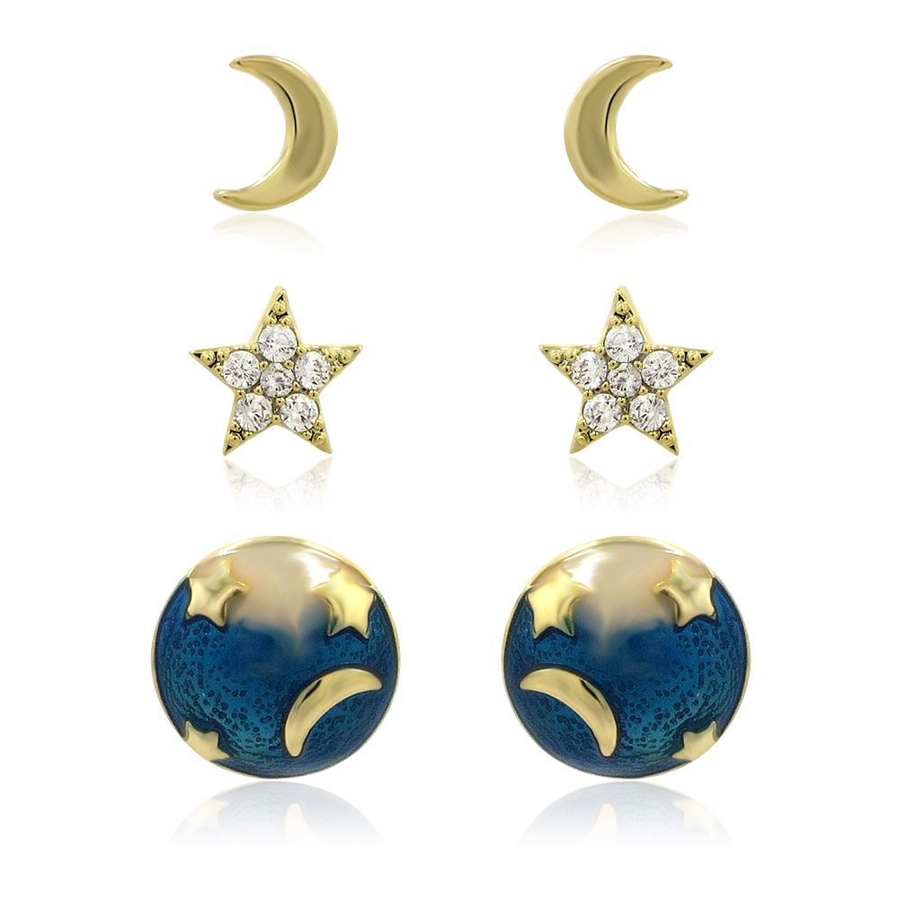 A 3-piece set of colorful enamel stud earrings featuring celestial designs of a moon, star, and planet, displayed on a card.