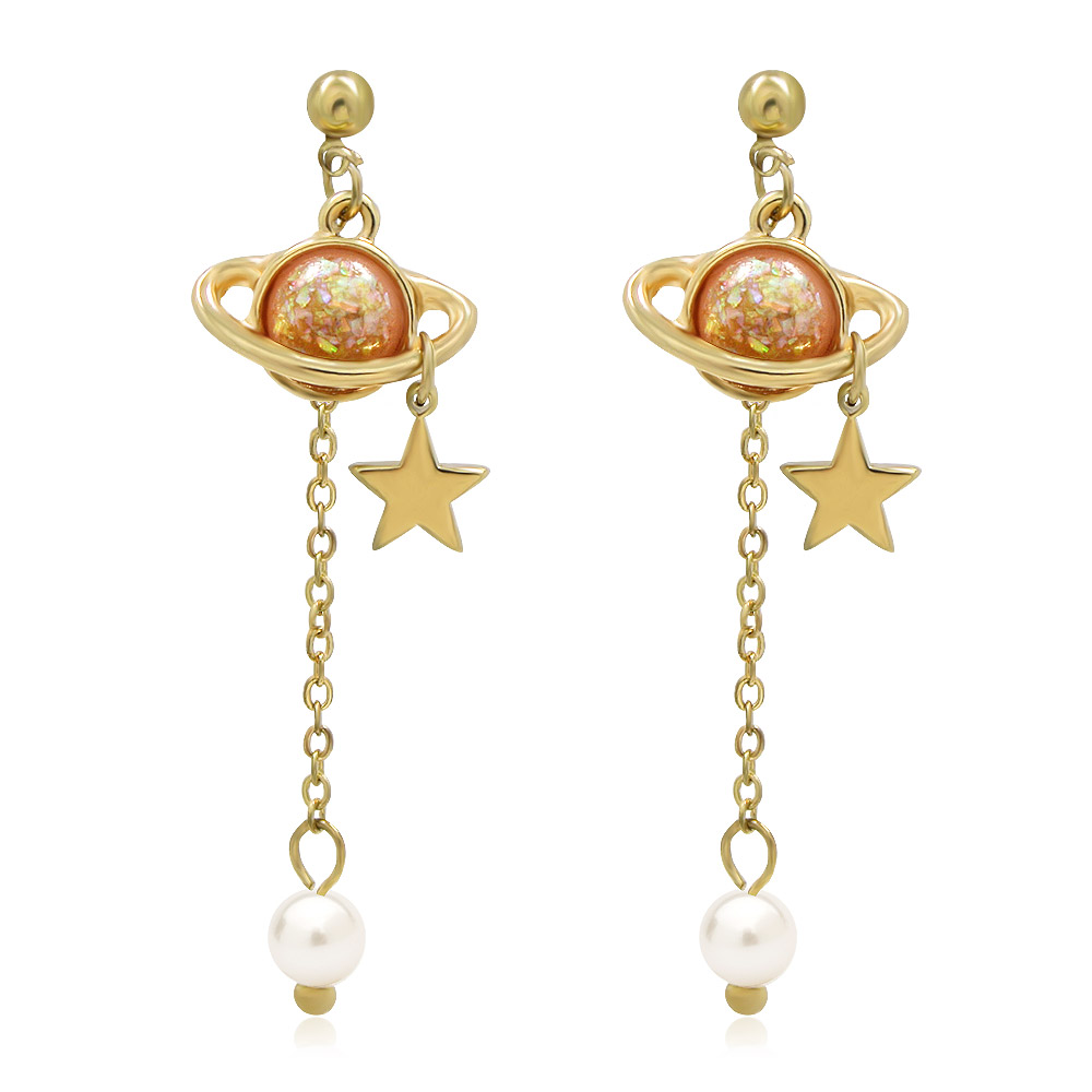 A pair of Earth and Star Dangle Earrings, featuring a celestial design with planet and star motifs in gold-plated metal, accented with a pink glitter resin and a white pearl.