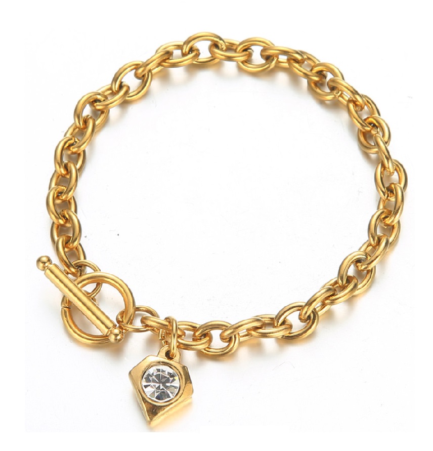 Front view of the Diamond Charm Crystal Toggle Bracelet, highlighting its gold-plated stainless steel chain and sparkling white crystal charm on a white background.