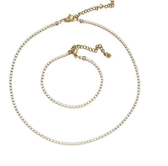 Elegant gold-plated stainless steel crystal jewelry set featuring a matching necklace and bracelet, model JRS-014.