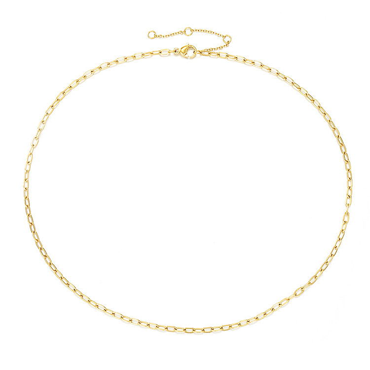 A close-up studio shot of a gold plated stainless steel chain choker with oval links and a spring clasp on a white background.