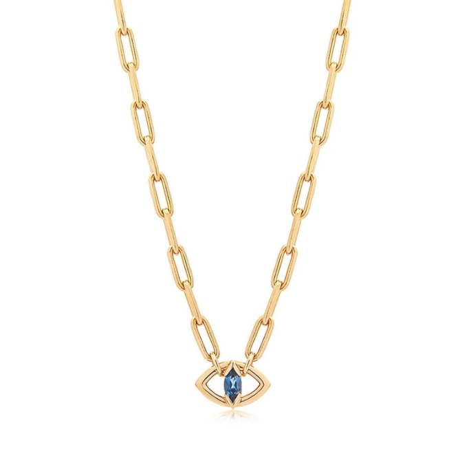 Close-up of the Evil Eye Gold Plated Necklace, showcasing the intricate blue gemstone pendant on a delicate 18K gold plated sterling silver chain.