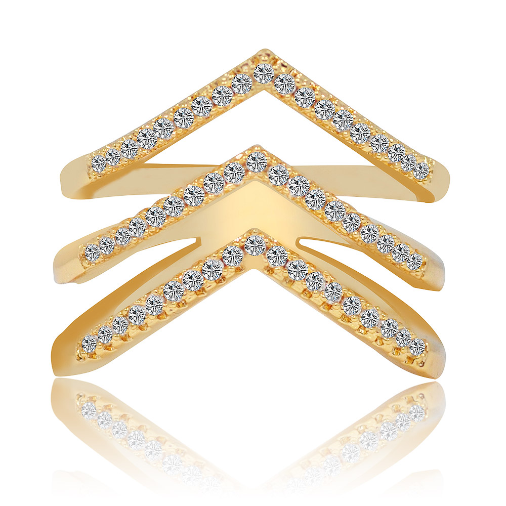 A close-up of the CZ Gold Vintage Inspired Cocktail Ring, showcasing its multi-layered chevron design with sparkling cubic zirconia stones.