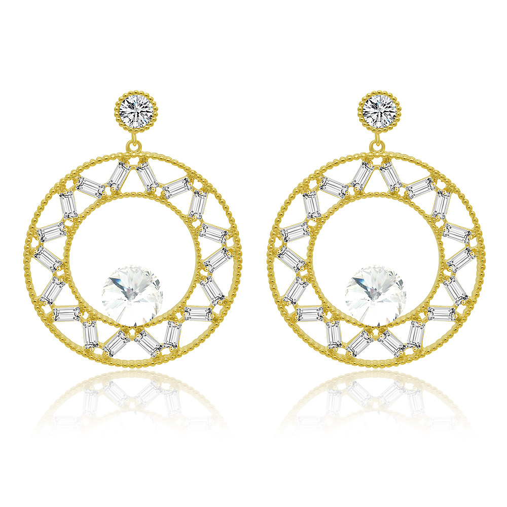 A pair of gold-plated round dangle chandelier earrings featuring a circular design with sparkling clear cubic zirconia gemstones, on a clean white background.