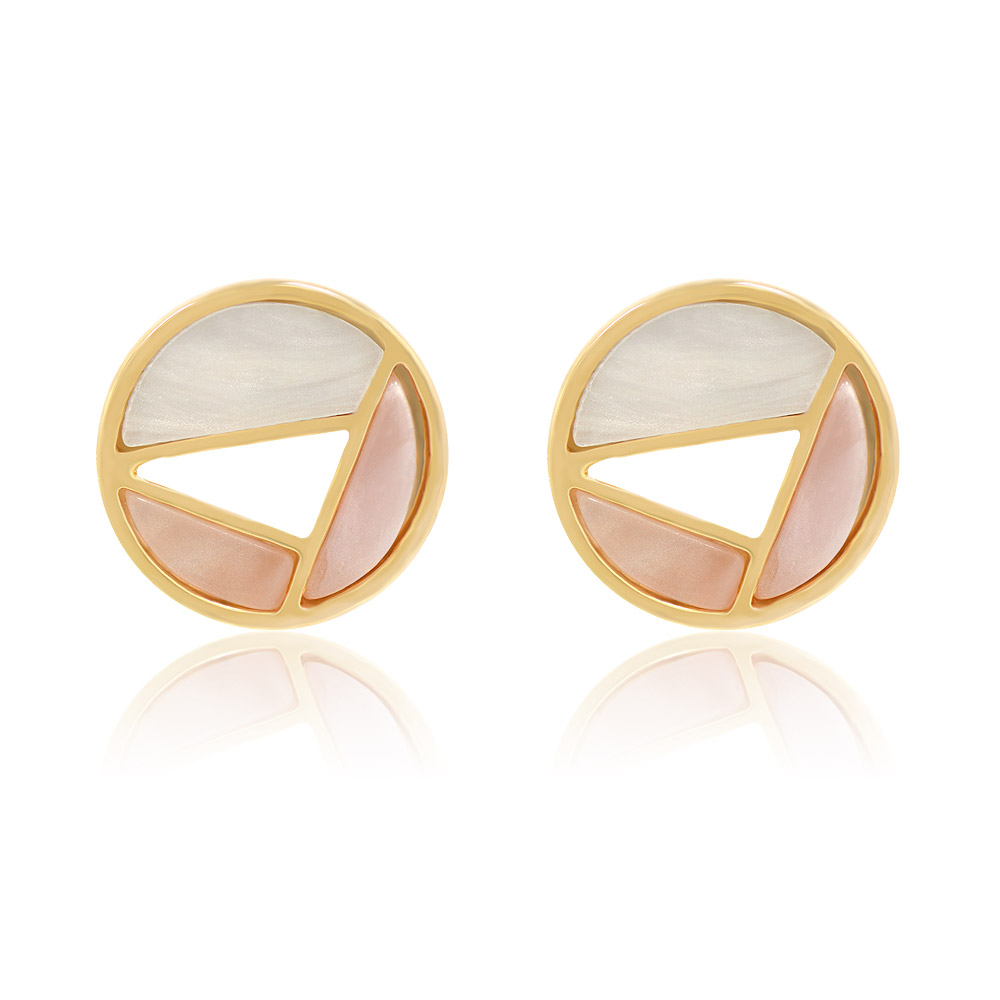 A pair of Disc Cut 3 Colors Shell Stud Earrings with a gold frame and a circular design featuring white, light pink, and darker pink sections, on a white background.