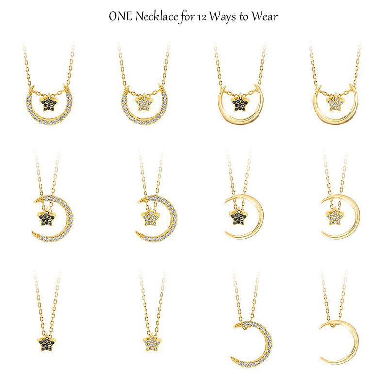 A versatile necklace that can be worn in 12 different ways, featuring a gold crescent moon and star design.