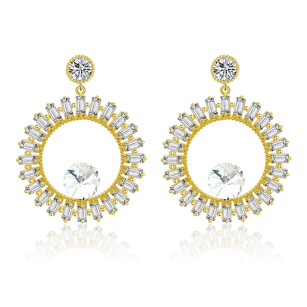 A pair of Cute CZ Round Hollow Piercing Designer Earrings, featuring a gold-plated circular design with a large central cubic zirconia crystal.