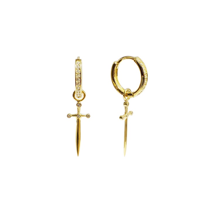 A detailed close-up of the 925 Sterling Silver Sword Huggie Earrings in gold plating, showcasing the intricate sword design and sparkling cubic zirconia on the hoop.