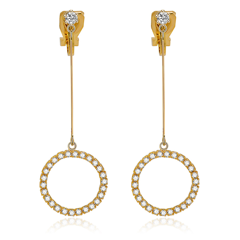 A pair of Gold Tone CZ Circle Clip-On Earrings, showcasing a dangling circular pendant adorned with bezel-set cubic zirconia stones.