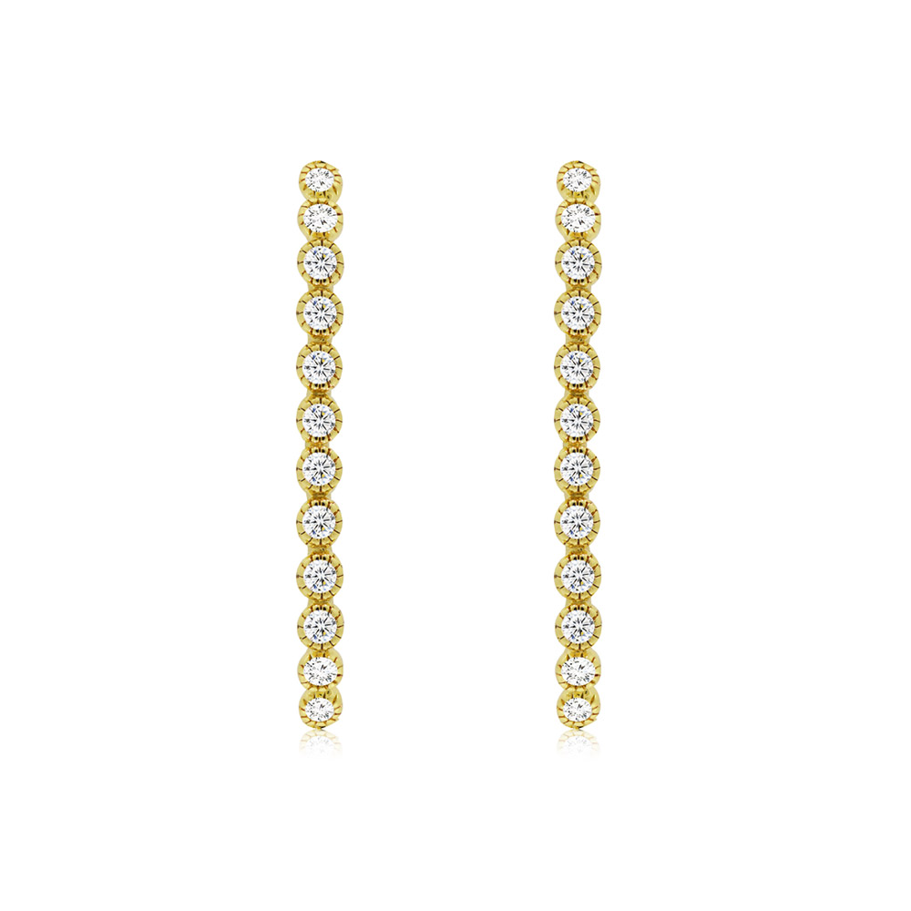 Front view of the Bezel Set Gold Plated Hoop Earrings, featuring brilliant white cubic zirconia set in a gold-plated brass hoop.