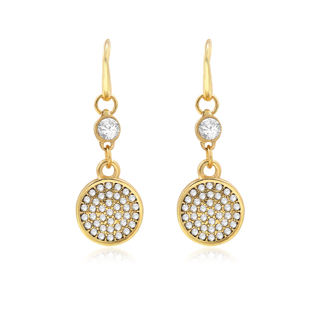 A pair of Disc Pave Drop Earrings in gold, featuring a circular pave design with sparkling cubic zirconia stones and a classic fish wire hook.