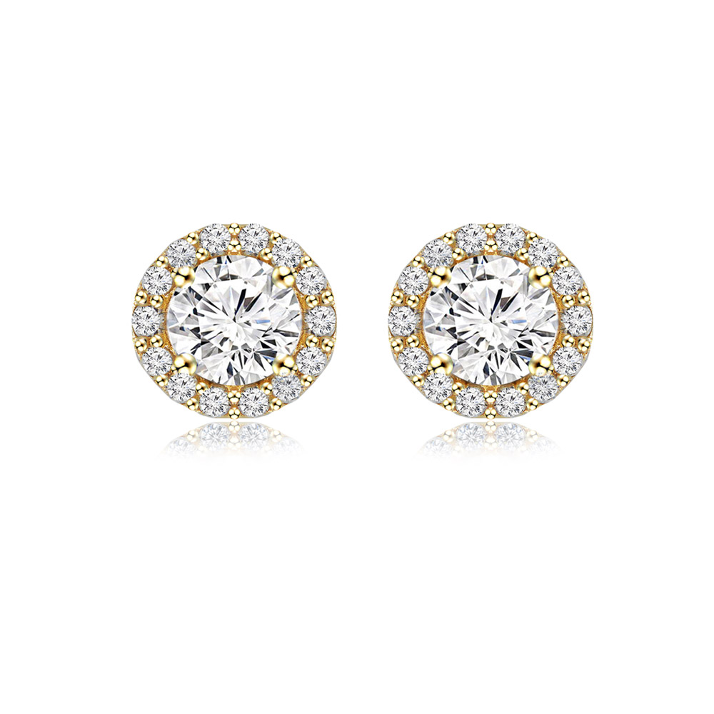 A pair of Medium Round Cubic Zirconia Earring Jackets, featuring a brilliant central stone surrounded by a halo of smaller stones in a gold-plated brass setting.