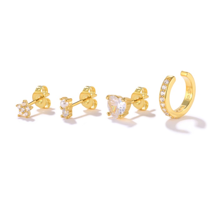 A collection of four 18k gold plated stud earrings with sparkling cubic zirconia stones, offered as a set by JR Fashion Accessories.