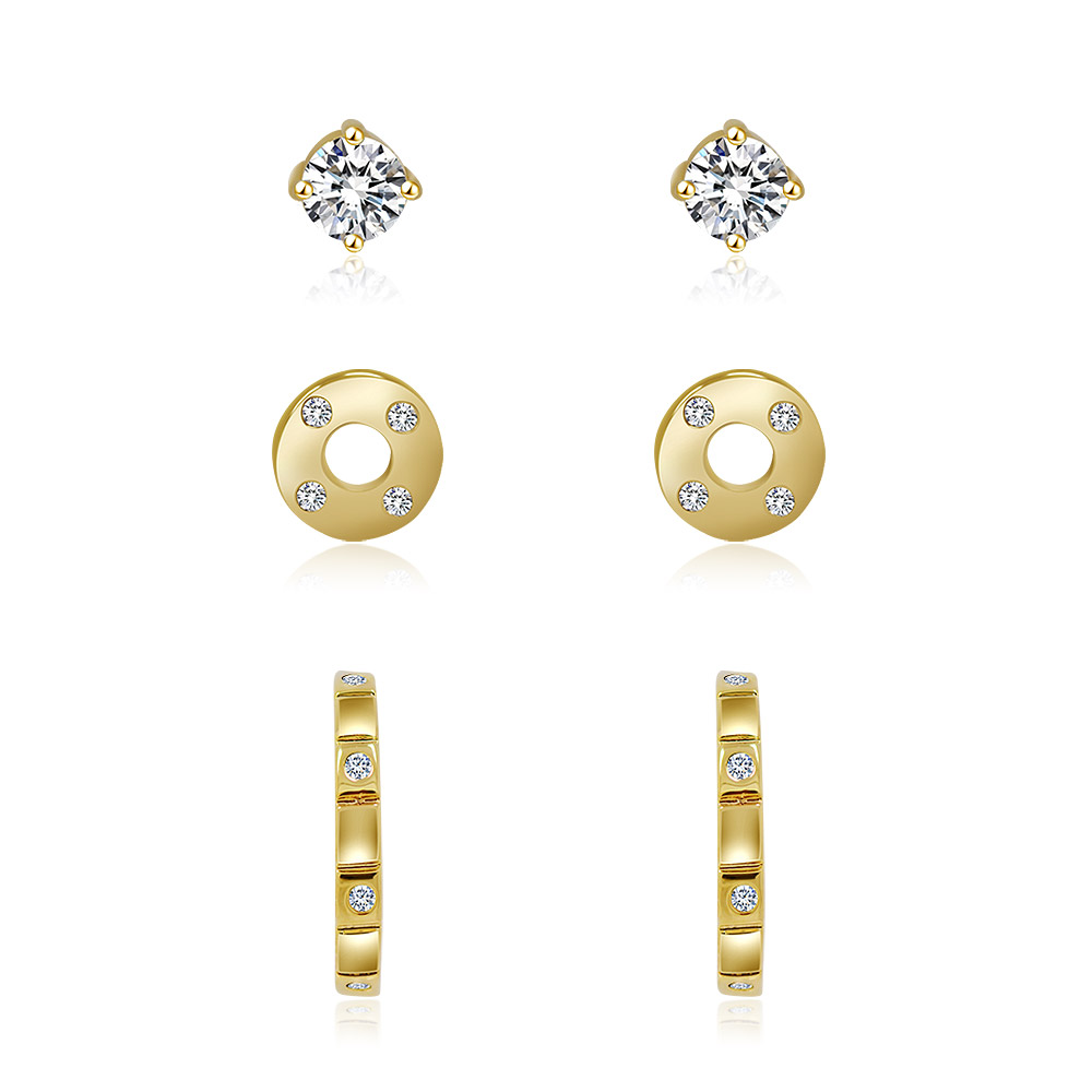 A collection of Gold Tone Combo 3-in-1 Stud Earrings, including CZ, round, and hoop designs, displayed on a clean background.