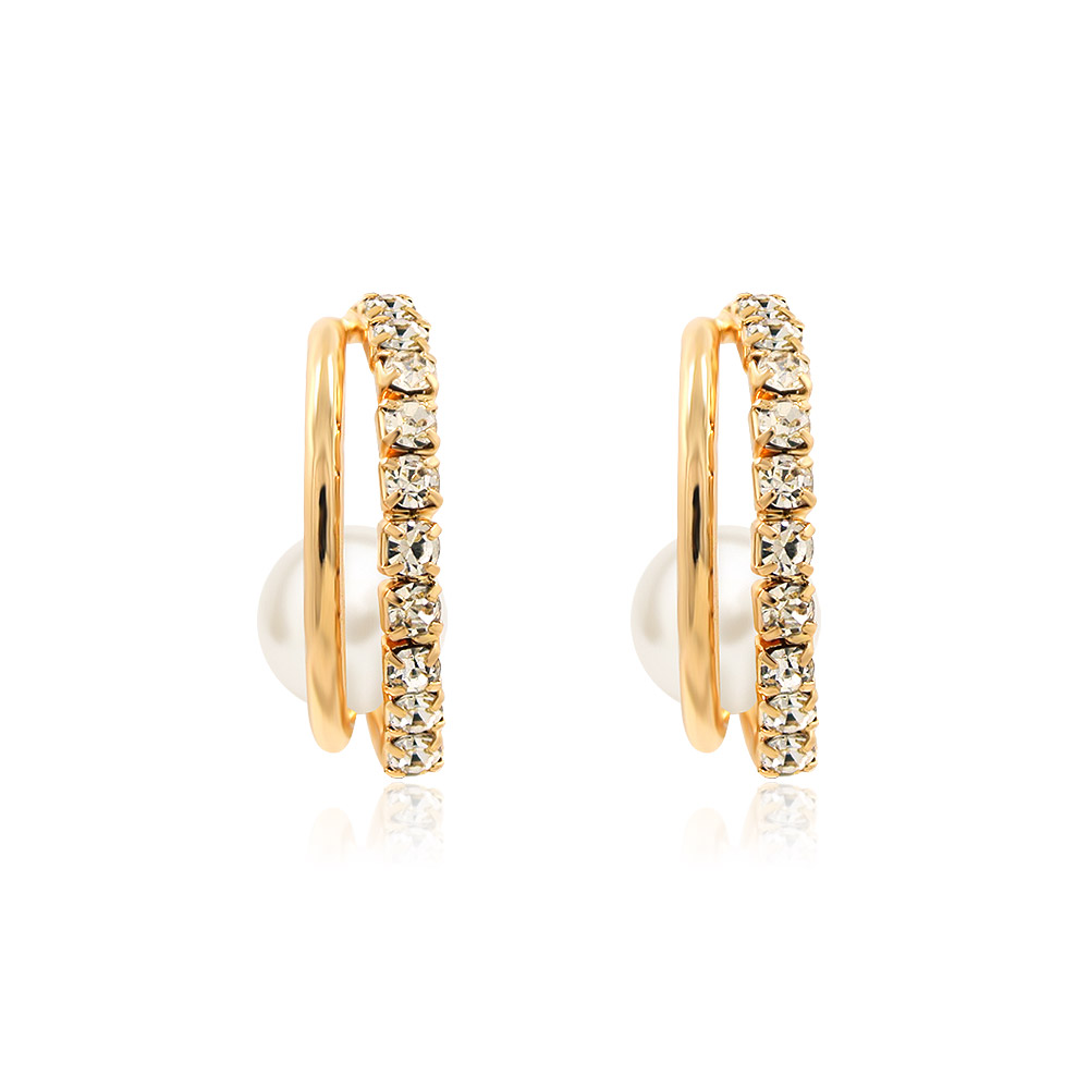 A close-up of the elegant Crystal Hoop Earrings, showcasing the brilliant white Czech crystals and a lustrous pearl set in a gold-plated hoop.