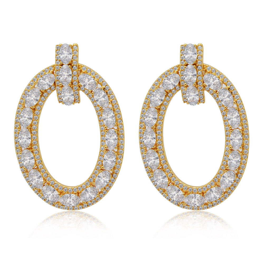 A stunning close-up of the Fabulous Oval Bar Earrings, highlighting the intricate gold-plated design and the double row of sparkling white cubic zirconia stones.