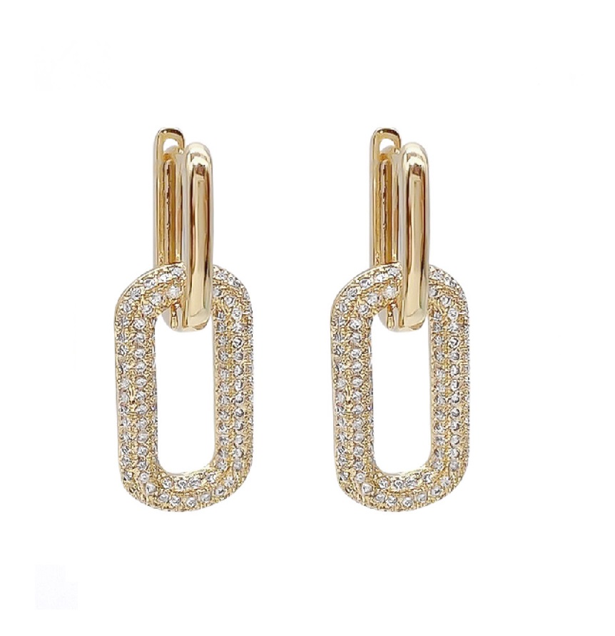 A pair of Gold Dangle Huggie Earrings (JRE-103) made of brass with 18K gold plating and sparkling rectangular cubic zirconia stones.