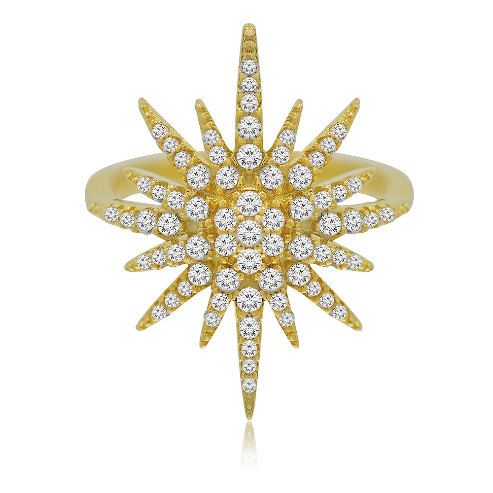 A close-up of the Starburst Gold Ring, showcasing its intricate starburst design with sparkling white cubic zirconia set in gold-plated brass.