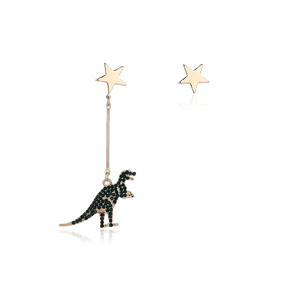 A pair of Asymmetric Star Green Dinosaur Dangle Earrings, featuring one gold dinosaur charm and one gold star stud with an emerald cubic zirconia.