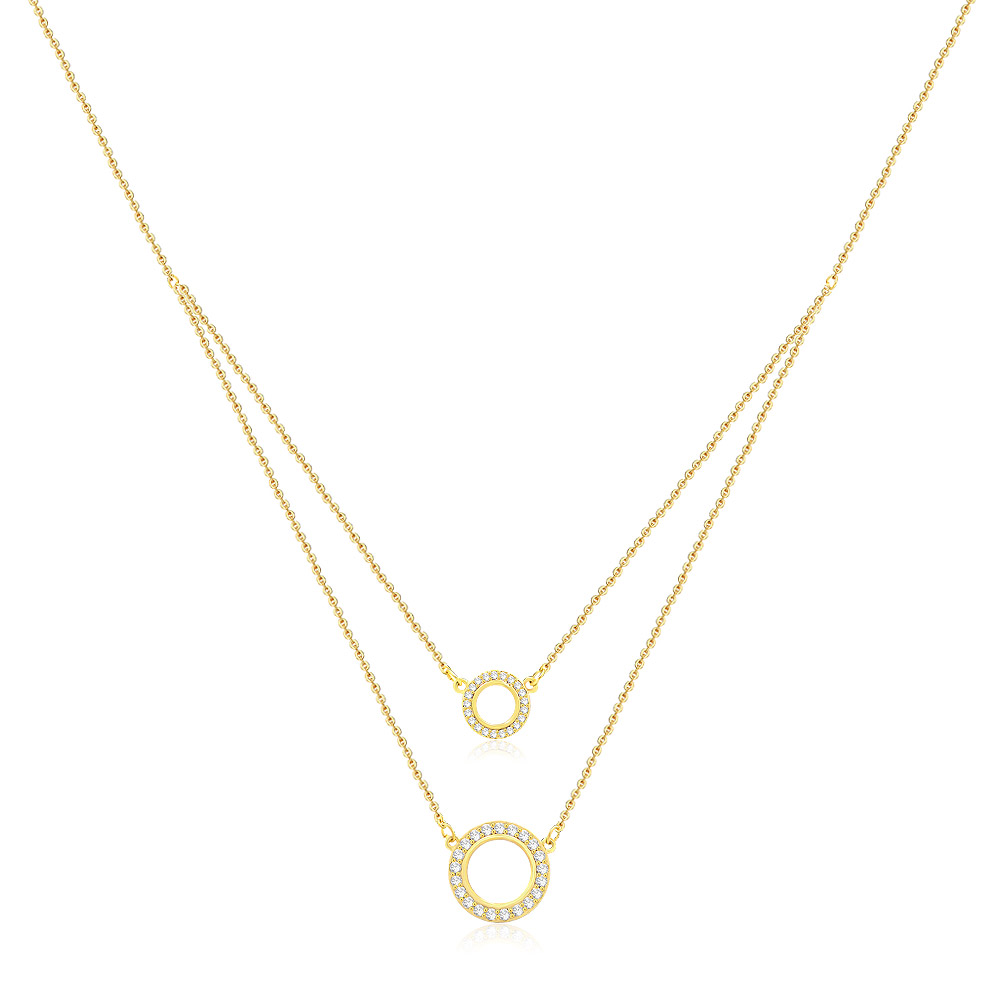 Wholesale Gold Double Circle Drop Necklace featuring a double-layered chain and two circular pendants studded with cubic zirconia, displayed on a white background.