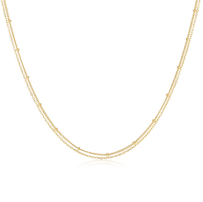 A detailed view of the 925 Sterling Silver Gold Plated Chain Necklace, showcasing its elegant double-strand design and delicate circular beads.