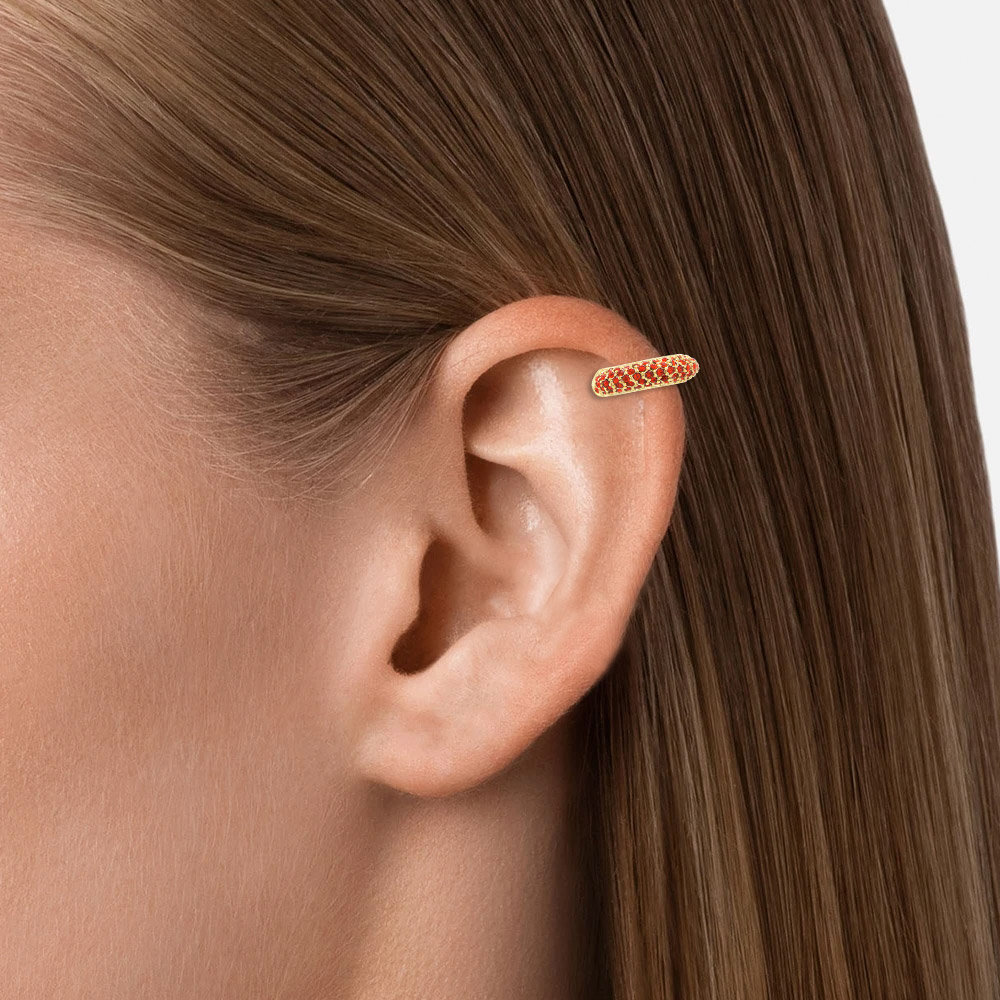 A model wearing the Real Gold Red Ear Cuff Wrap, showcasing its elegant design with red cubic zirconia on the ear rim.